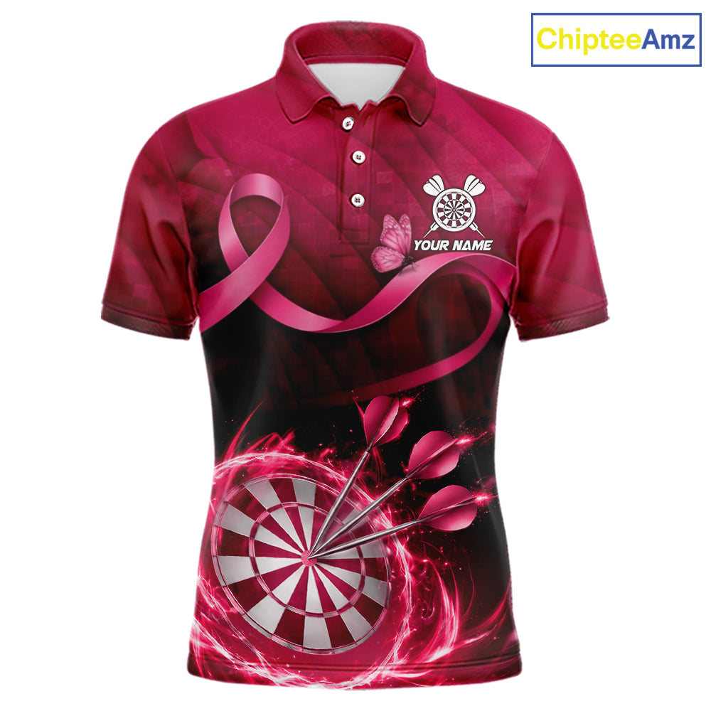 Pink Ribbon Thunder Lightning Men Dart Polo & Quarter Zip Shirt Custom Breast Cancer Darts Jersey NYN2947