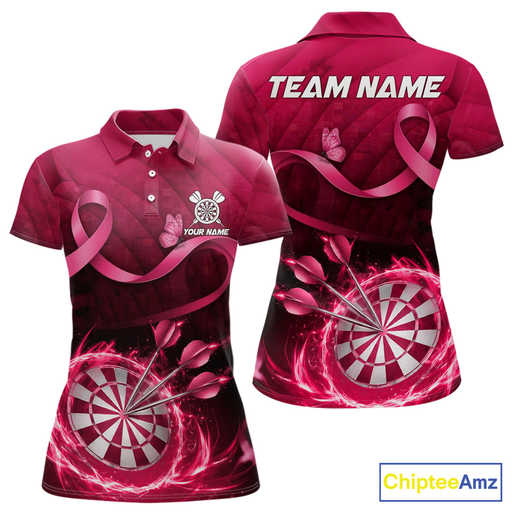 Pink Ribbon Thunder Lightning Women Dart Polo & Quarter Zip Shirt Custom Breast Cancer Darts Jersey NYN2947