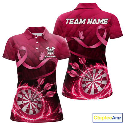 Pink Ribbon Thunder Lightning Women Dart Polo & Quarter Zip Shirt Custom Breast Cancer Darts Jersey NYN2947