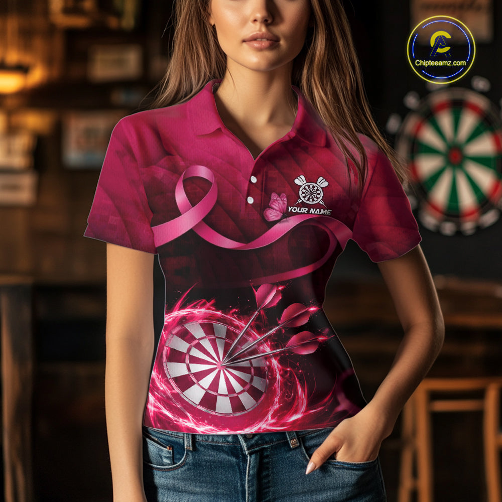 Pink Ribbon Thunder Lightning Women Dart Polo & Quarter Zip Shirt Custom Breast Cancer Darts Jersey NYN2947