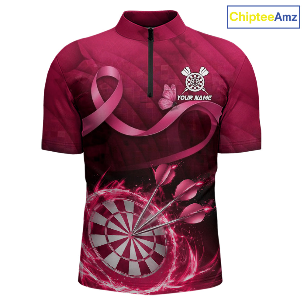 Pink Ribbon Thunder Lightning Men Dart Polo & Quarter Zip Shirt Custom Breast Cancer Darts Jersey NYN2947