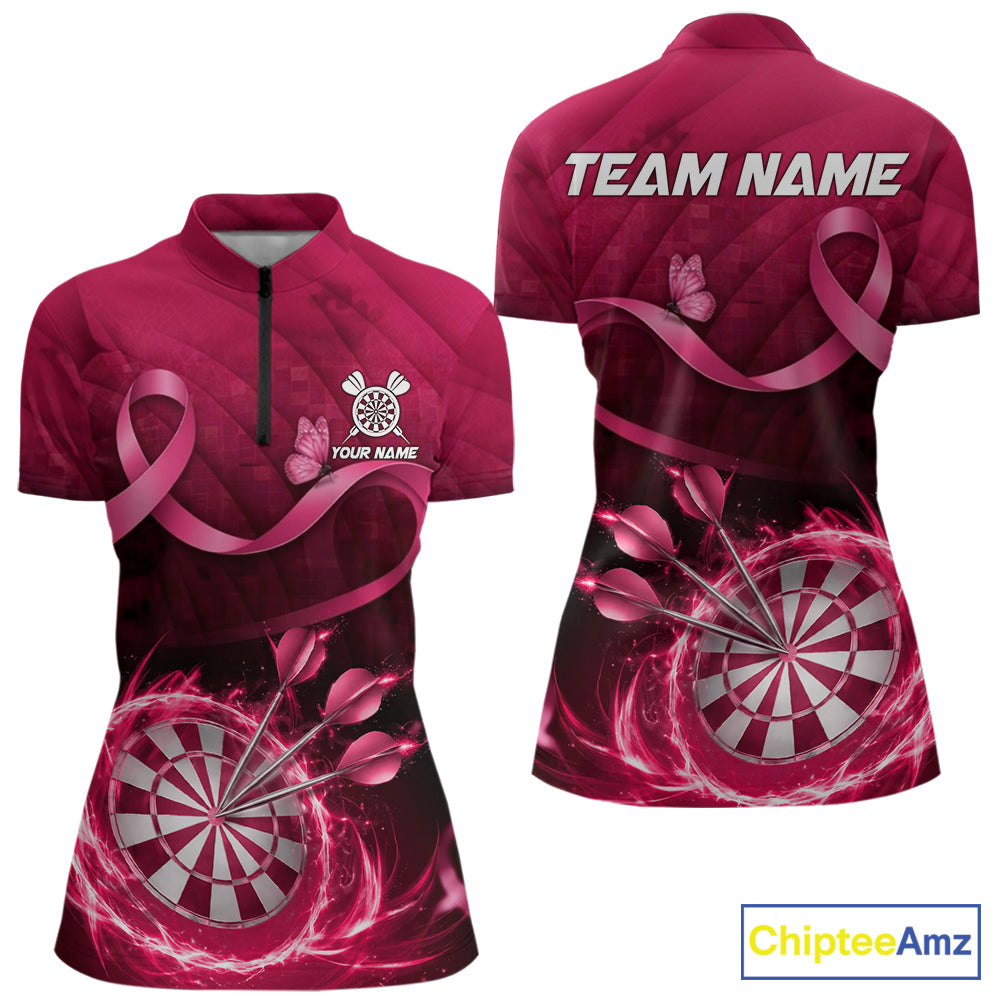 Pink Ribbon Thunder Lightning Women Dart Polo & Quarter Zip Shirt Custom Breast Cancer Darts Jersey NYN2947