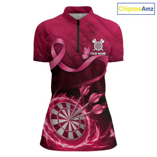 Pink Ribbon Thunder Lightning Women Dart Polo & Quarter Zip Shirt Custom Breast Cancer Darts Jersey NYN2947