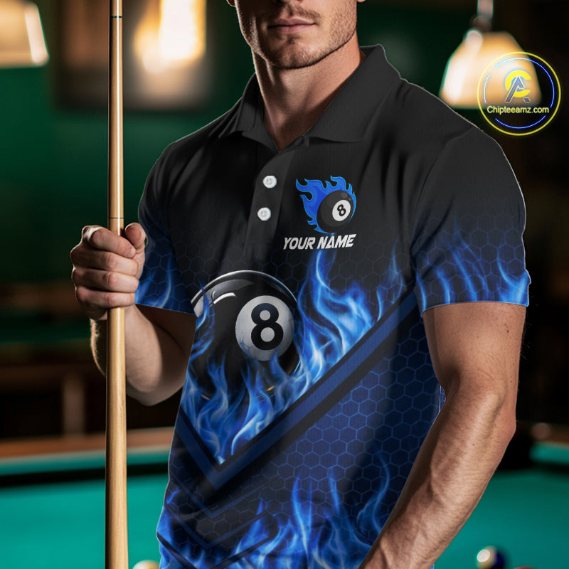 Blue Flaming Hexagon 8 Ball Billiard Pool Shirt For Men Custom Billiard Polo & 1/4 Zip Team Attire NYN3161