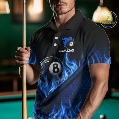 Blue Flaming Hexagon 8 Ball Billiard Pool Shirt For Men Custom Billiard Polo & 1/4 Zip Team Attire NYN3161