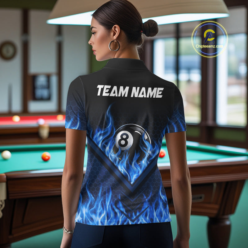 Blue Flaming Hexagon 8 Ball Billiard Pool Shirt For Women Custom Billiard Polo & 1/4 Zip Team Attire NYN3161