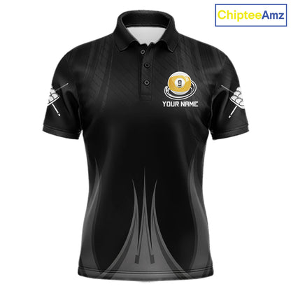 Personalized 9 Ball Billiard Polo Shirt For Men, Black Pool Team Jersey, Custom Pool League Shirt, Professional Billiards Apparel, Tournament Uniform