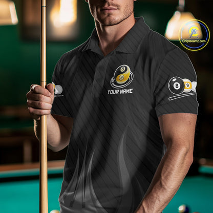 Male Pool Player Wearing Custom 8 Ball 9 Ball Billiard Shirt, Personalized Pool League Jersey, Team Apparel