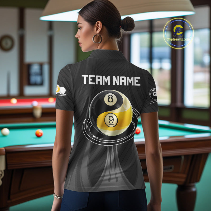 Female billiard player wearing Black 8 Ball & 9 Ball custom billiard jersey