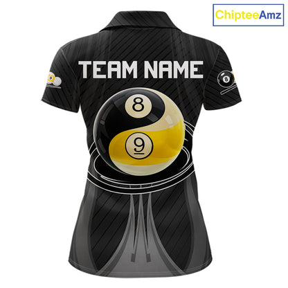 Black 8 Ball & 9 Ball Women's Billiard Polo Shirt Personalized Pool Team Jersey Custom Billiard Apparel
