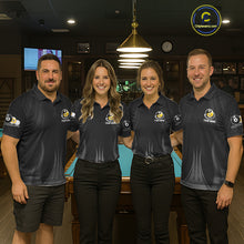 Load image into Gallery viewer, Men women billiard team wearing Black 8 Ball &amp; 9 Ball personalized pool uniforms