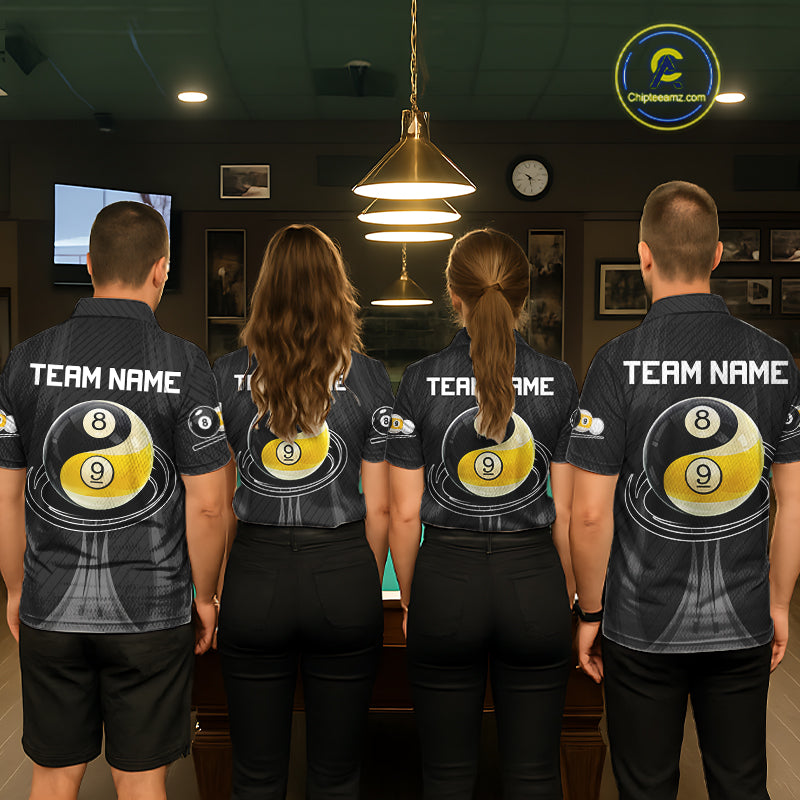 Men women billiard team wearing Black 8 Ball & 9 Ball personalized pool uniforms