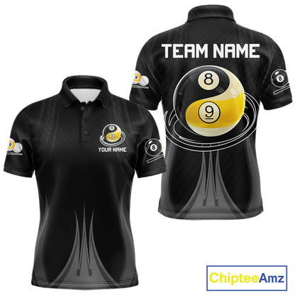 Personalized 8 Ball And 9 Ball Billiard Polo Shirt For Men, Black Pool Team Jersey, Custom Billiards League Apparel, Tournament Shirt