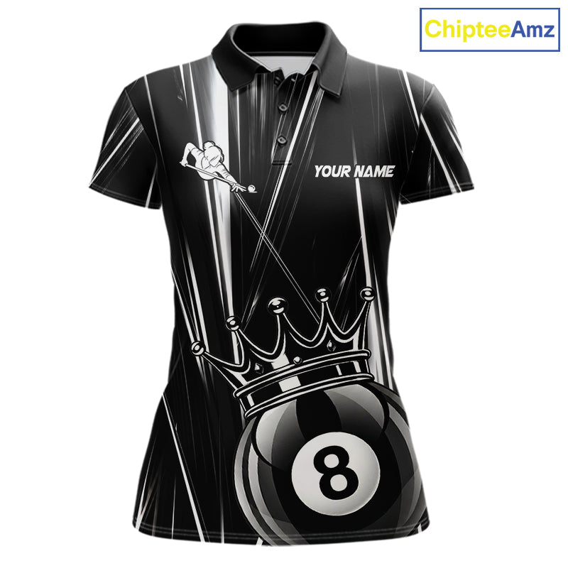 Black White Crown 8 Ball Women's Billiard Polo Shirt Custom Lightning Pool Team Jersey