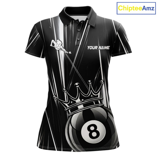 Black White Crown 8 Ball Women's Billiard Polo Shirt Custom Lightning Pool Team Jersey