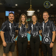Load image into Gallery viewer, Women's billiard team wearing Black White Crown 8 Ball team uniforms