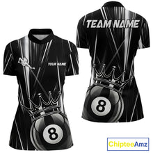 Load image into Gallery viewer, Black White Crown 8 Ball Women's Billiard Quarter-Zip Shirt Personalized Pool League Apparel