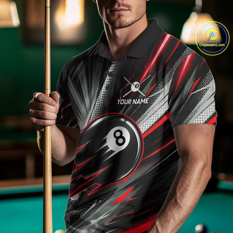 Male Pool Player Wearing Thunder Red 8 Ball Billiard Shirt, Competitive Pool League Apparel