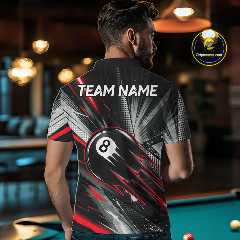 Male Pool Player Wearing Thunder Red 8 Ball Billiard Shirt, Competitive Pool League Apparel