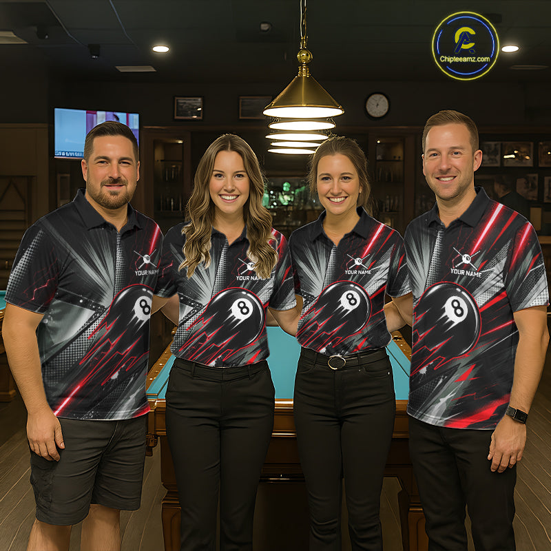 Men women billiard team wearing Thunder Red 8 Ball Strike pool league jerseys