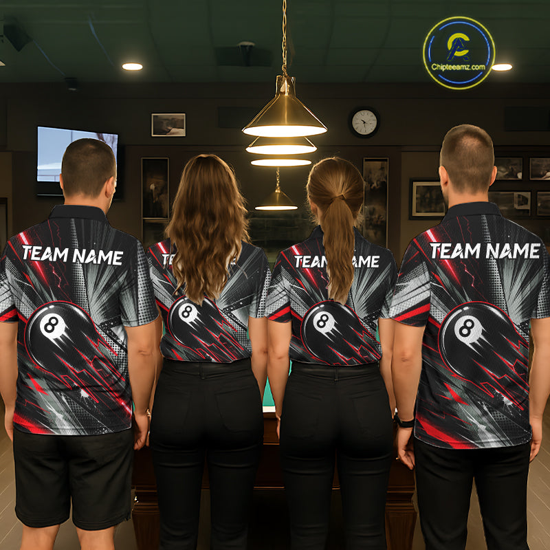 Men women billiard team wearing Thunder Red 8 Ball Strike pool league jerseys