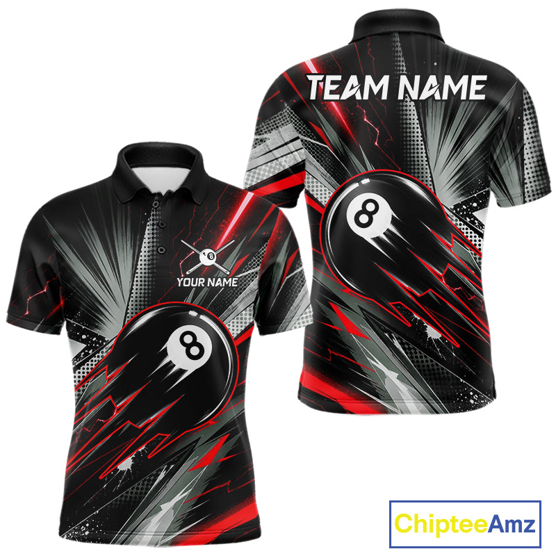Thunder Red 8 Ball Strike Billiard Polo Shirt For Men, Custom Pool Team Jersey, Lightning Billiards Apparel