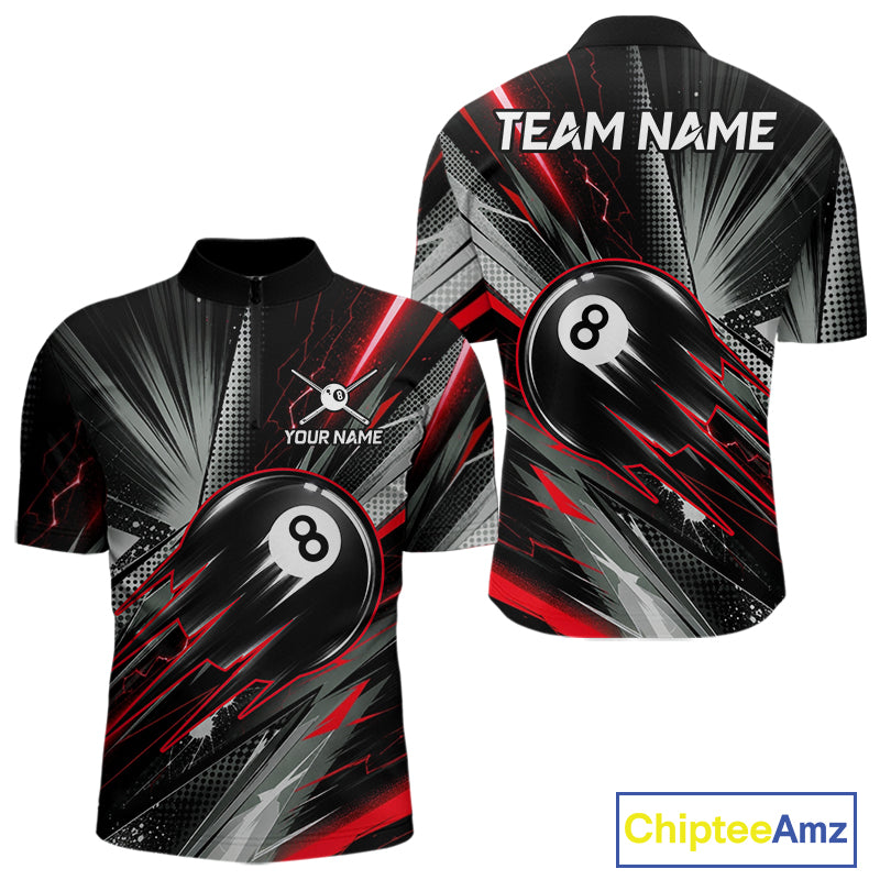 Thunder Red 8 Ball Strike Billiard Quarter-Zip Shirt For Men, Custom Pool League Uniform, Tournament Clothing