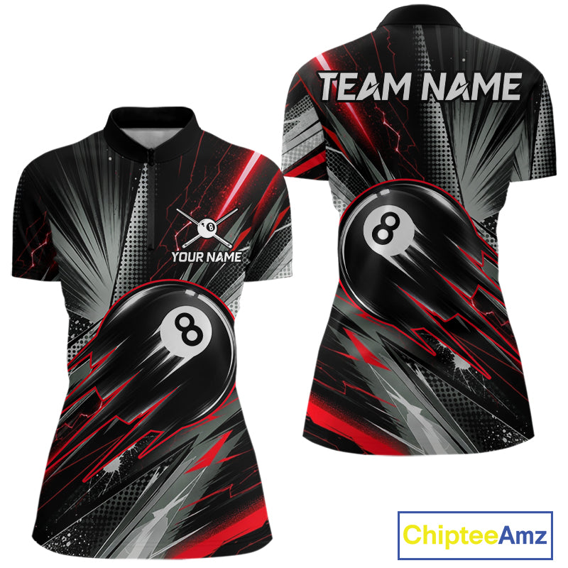 Thunder Red 8 Ball Strike Women's Billiard Quarter-Zip Shirt Personalized Pool Uniform