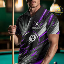 Load image into Gallery viewer, Male Pool Player Wearing Thunder Purple 8 Ball Billiard Shirt, Custom Pool Team Clothing, League Apparel