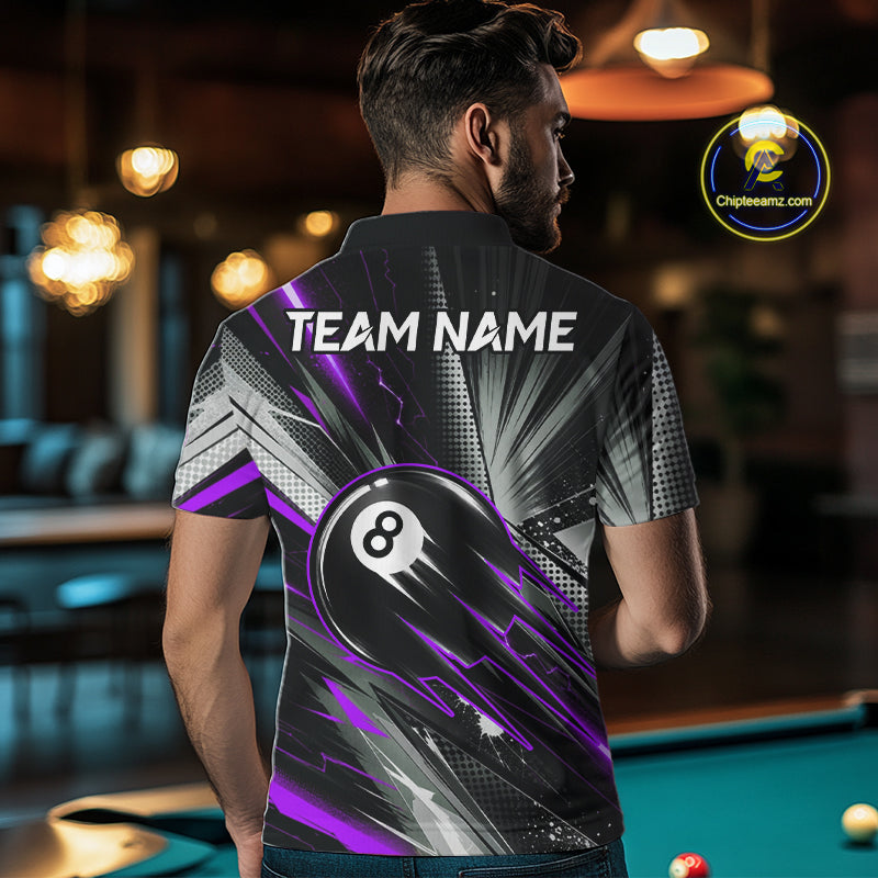 Male Pool Player Wearing Thunder Purple 8 Ball Billiard Shirt, Custom Pool Team Clothing, League Apparel