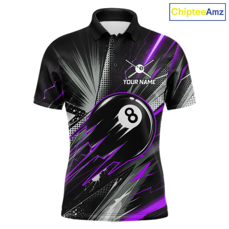 Thunder Purple 8 Ball Strike Billiard Polo Shirt For Men, Custom Pool Team Jersey, Lightning Billiards Apparel, Tournament Shirt