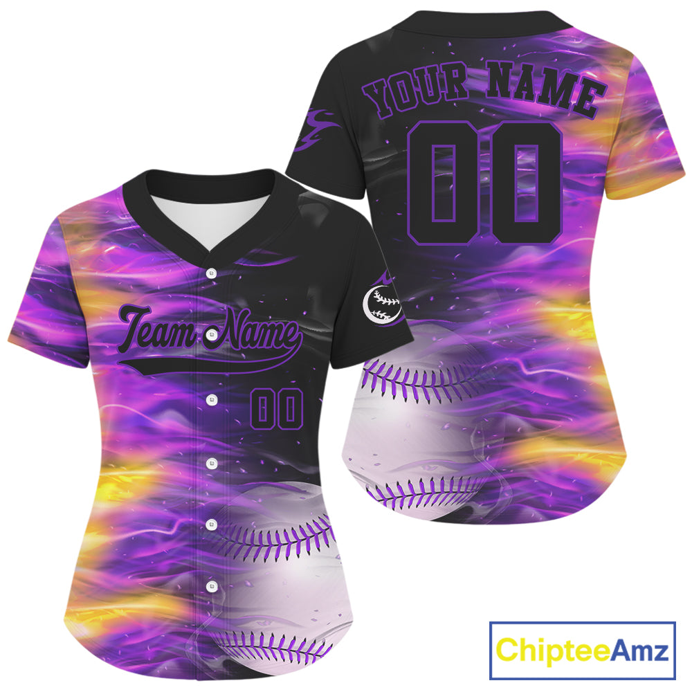Purple And Yellow Flaming Baseball Ball Jersey Custom Outfits Youth Baseball Shirt For Men NYN0837