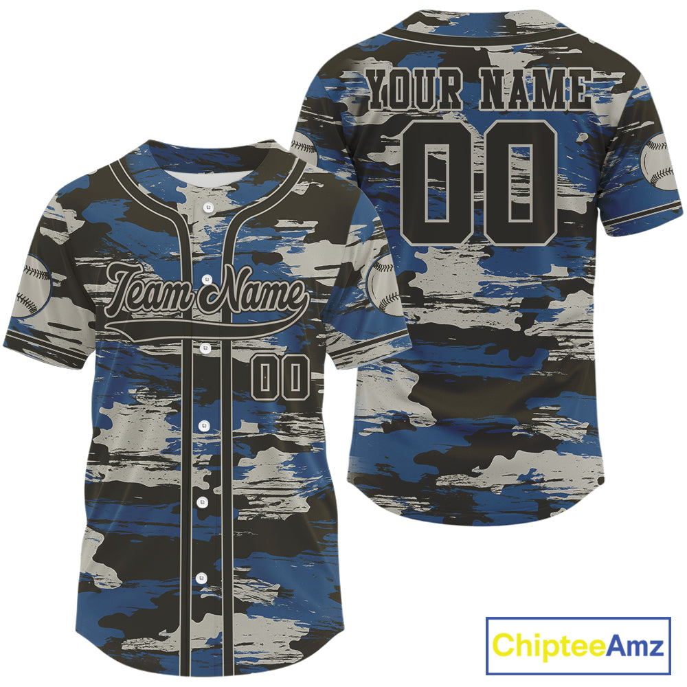 Blue Camouflage Baseball Jersey For Men Personalized Grunge Youth Baseball Shirt NYN0849