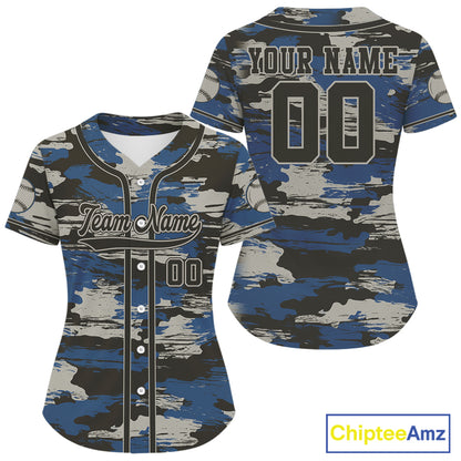 Blue Camouflage Baseball Jersey For Women Personalized Grunge Youth Baseball Shirt NYN0849