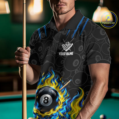 Custom Fire Flame 8 Ball Pool Billiard Shirt For Men, Yellow & Blue Flames Billiard Team Shirts NYN4251