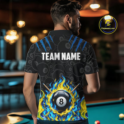 Custom Fire Flame 8 Ball Pool Billiard Shirt For Men, Yellow & Blue Flames Billiard Team Shirts NYN4251