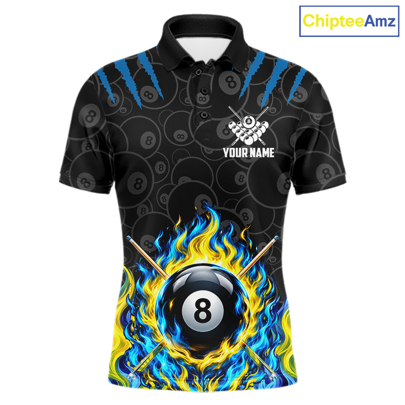 Custom Fire Flame 8 Ball Pool Billiard Shirt For Men, Yellow & Blue Flames Billiard Team Shirts NYN4251