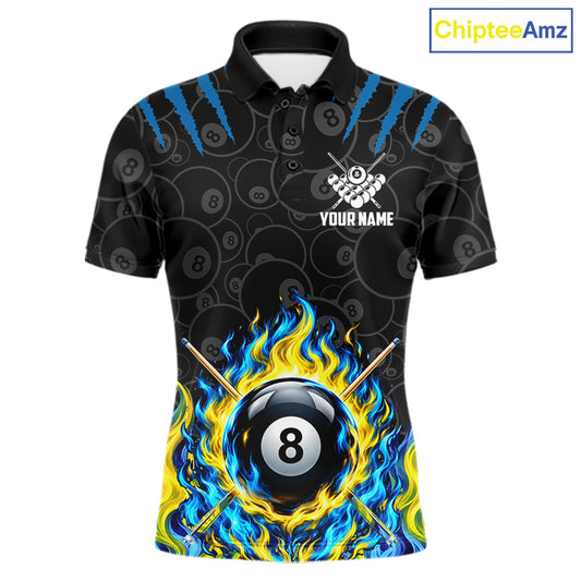 Custom Fire Flame 8 Ball Pool Billiard Shirt For Men, Yellow & Blue Flames Billiard Team Shirts NYN4251