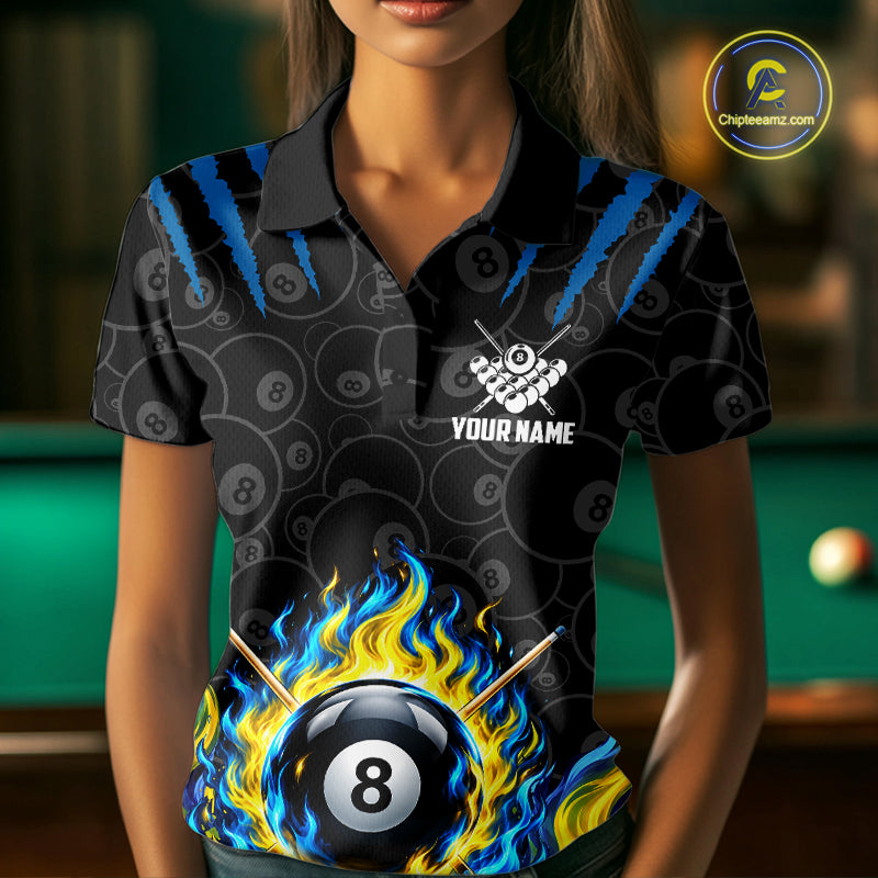 Custom Fire Flame 8 Ball Pool Billiard Shirt For Women, Yellow & Blue Flames Billiard Team Shirts NYN4251