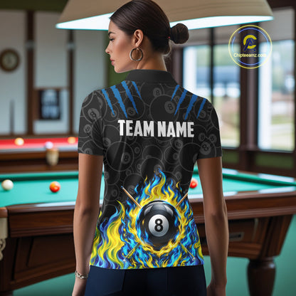 Custom Fire Flame 8 Ball Pool Billiard Shirt For Women, Yellow & Blue Flames Billiard Team Shirts NYN4251