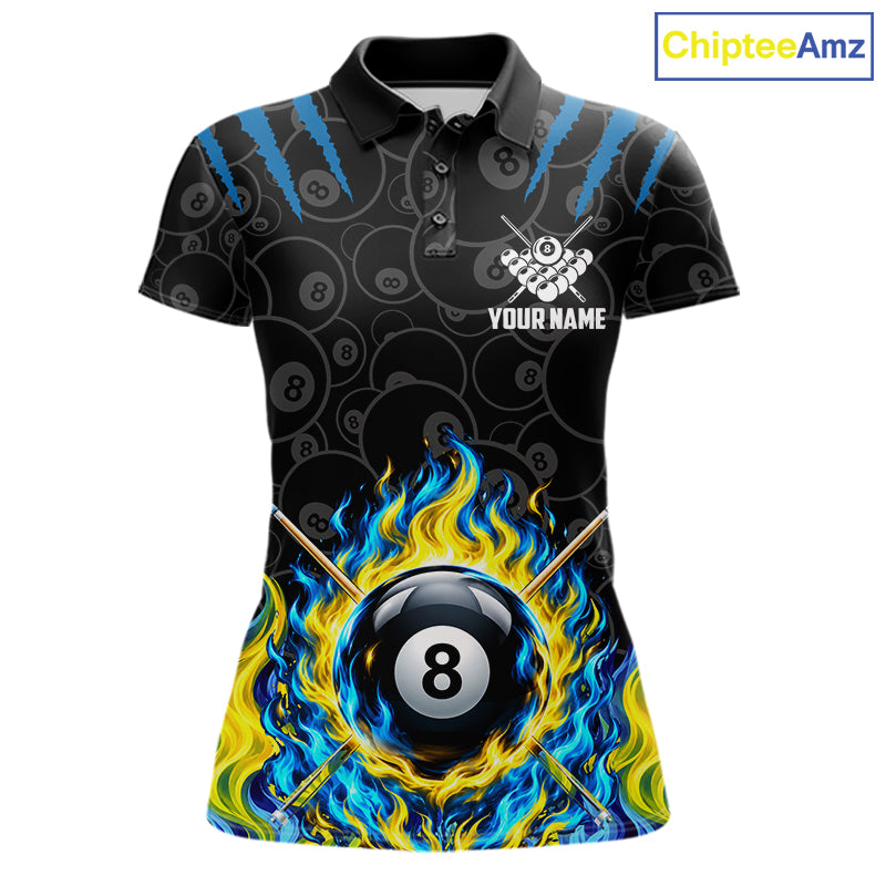 Custom Fire Flame 8 Ball Pool Billiard Shirt For Women, Yellow & Blue Flames Billiard Team Shirts NYN4251
