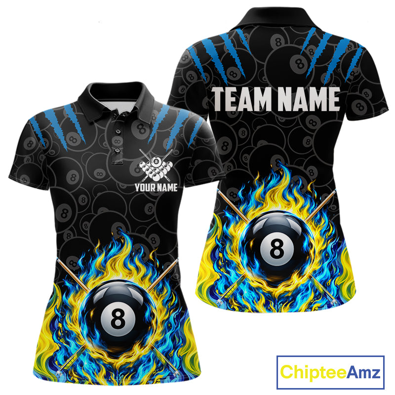 Custom Fire Flame 8 Ball Pool Billiard Shirt For Women, Yellow & Blue Flames Billiard Team Shirts NYN4251