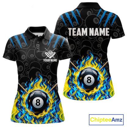 Custom Fire Flame 8 Ball Pool Billiard Shirt For Women, Yellow & Blue Flames Billiard Team Shirts NYN4251