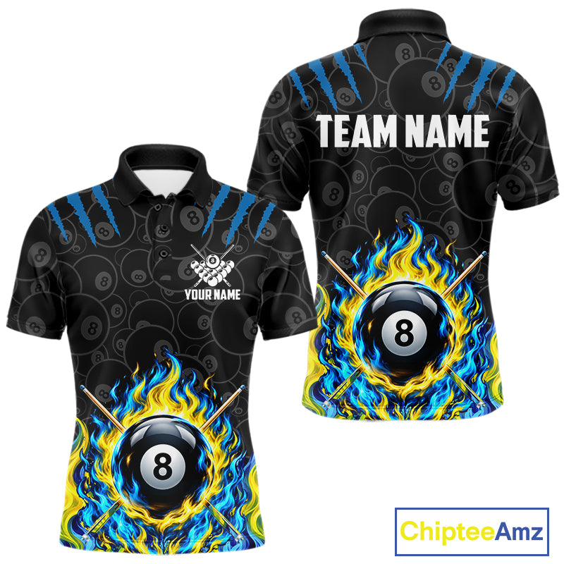 Custom Fire Flame 8 Ball Pool Billiard Shirt For Men, Yellow & Blue Flames Billiard Team Shirts NYN4251