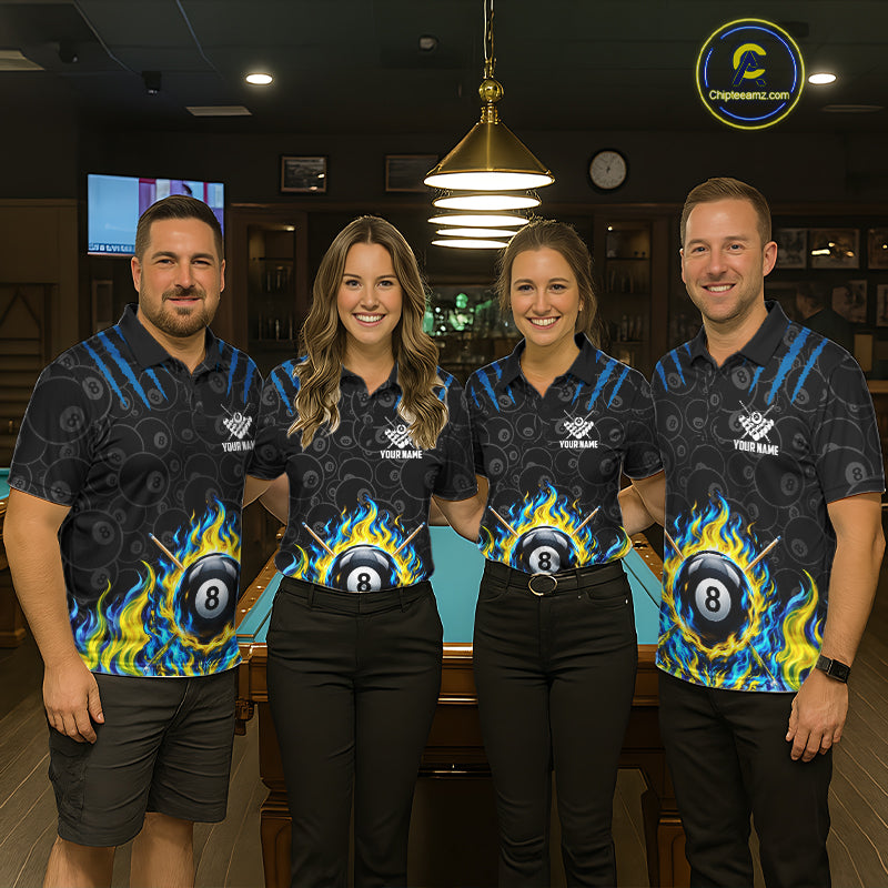 Custom Fire Flame 8 Ball Pool Billiard Shirt For Men, Yellow & Blue Flames Billiard Team Shirts NYN4251