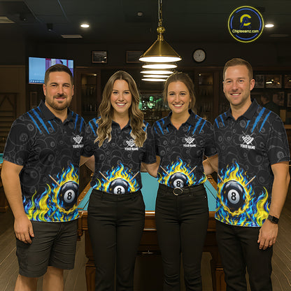 Custom Fire Flame 8 Ball Pool Billiard Shirt For Men, Yellow & Blue Flames Billiard Team Shirts NYN4251