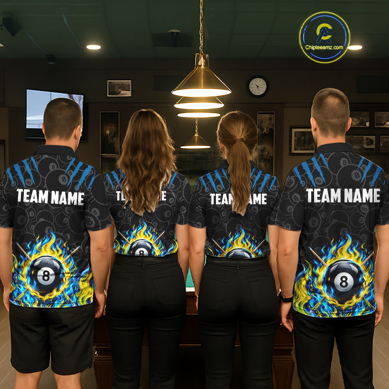 Custom Fire Flame 8 Ball Pool Billiard Shirt For Men, Yellow & Blue Flames Billiard Team Shirts NYN4251