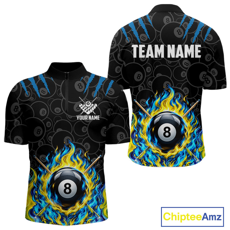 Custom Fire Flame 8 Ball Pool Billiard Shirt For Men, Yellow & Blue Flames Billiard Team Shirts NYN4251