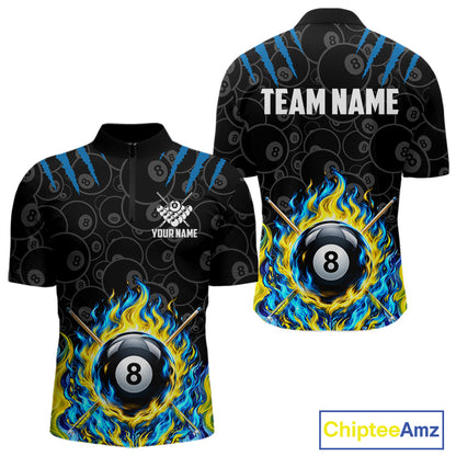 Custom Fire Flame 8 Ball Pool Billiard Shirt For Men, Yellow & Blue Flames Billiard Team Shirts NYN4251