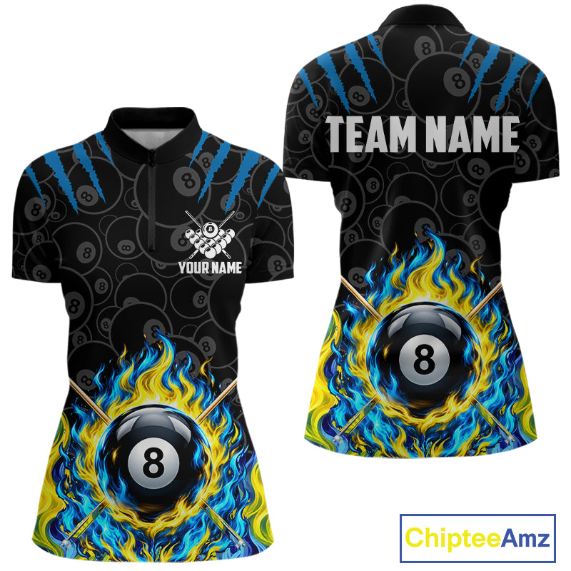 Custom Fire Flame 8 Ball Pool Billiard Shirt For Women, Yellow & Blue Flames Billiard Team Shirts NYN4251